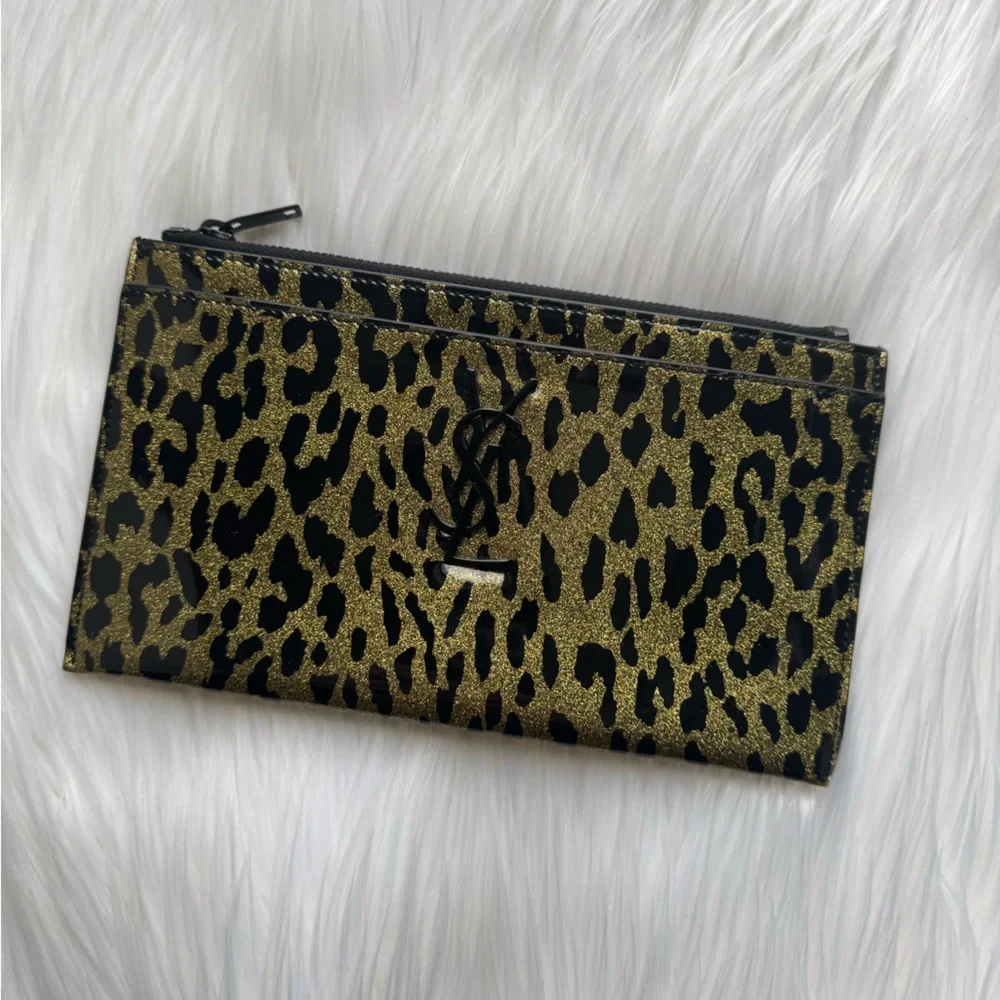 Saint Laurent Patent Glitter Leopard Zip Pouch Wallet - Picture 1 of 7
